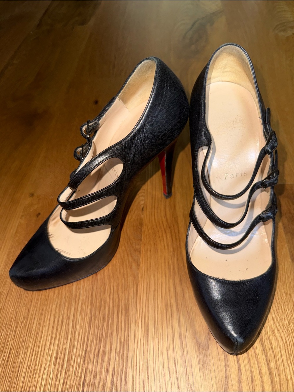 Christian Louboutin Lillian 120 Black Leather Mary Jane Heel Pump 37 1/2